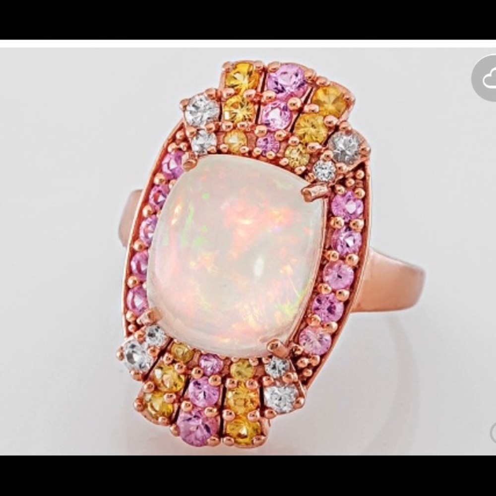 10K Rose Gold Ethiopian Pink Opal with Multi Sapphire Ring Sz 6